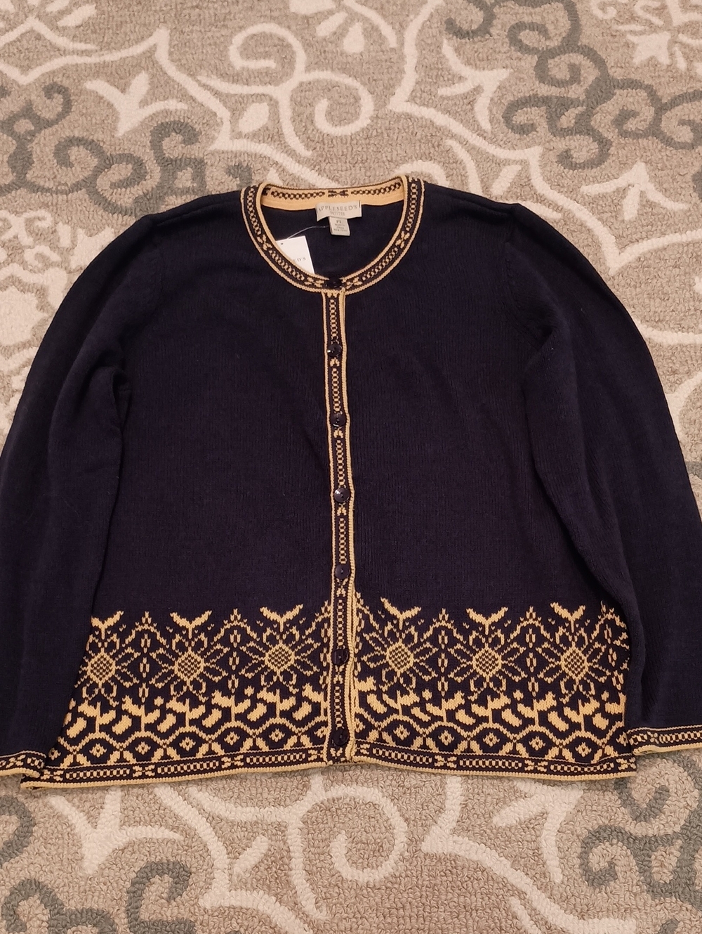 Appleseed's Navy Cardigan with Yellow Folk Motif